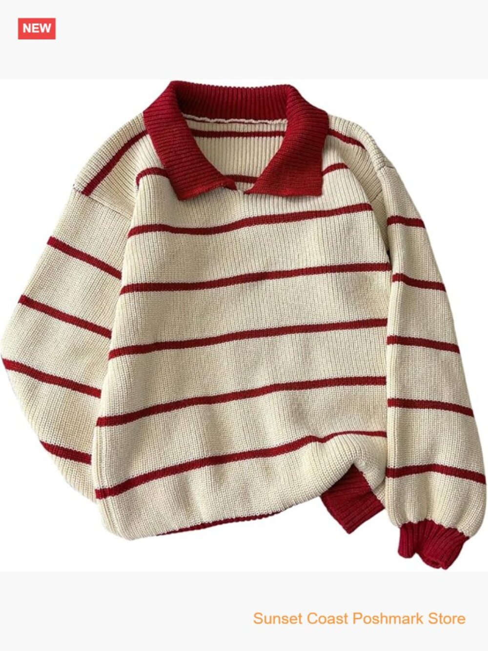 Collared Striped Oversized Knit Pullover Sweater Lightweight Fall